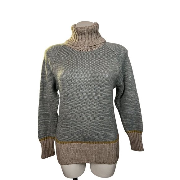 NWT Fuza Wool Hilda Handmade Chunky Knit Turtleneck Sweater Size M Blue Beige - Picture 1 of 10